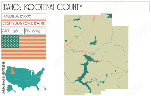 Large and detailed map of Kootenai County in Idaho USA.