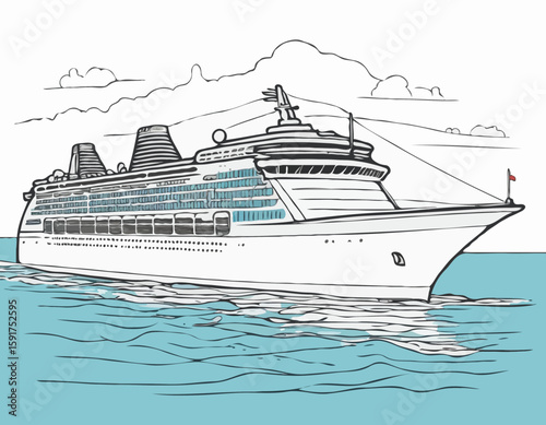 continuous single line drawing of large cruise ship on ocean, line art vector illustration