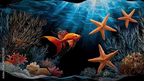 Exploring underwater wonders goldfish and starfish in a vibrant coral reef marine environment serene viewpoint nature's beauty