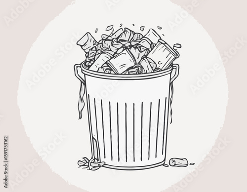 continuous single line drawing of trash can overflowing with trash bags, line art vector illustration