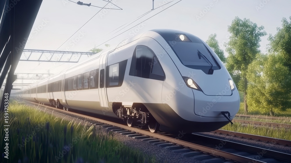 Naklejka premium Modern high-speed train traveling through scenic countryside at sunrise. (1)