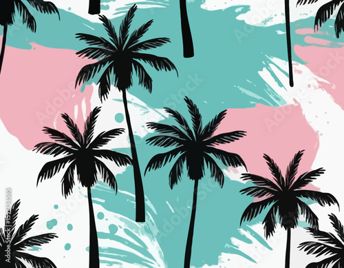 Vector illustration of a hand drawn palm trees on a paint background