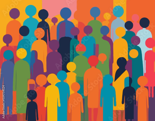 An abstract painting showcases a group of diverse, colorful, and indistinct figures standing together, representing unity, diversity, and shared human experience in a vibrant artistic style.