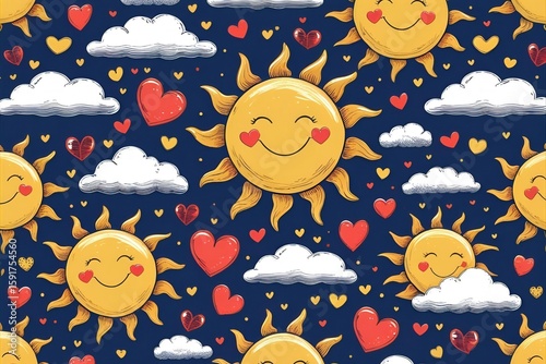 Happy summer sky pattern with a smiling sun, moon, and clouds. A cute and cheerful cartoon background with weather characters for a playful kid's design