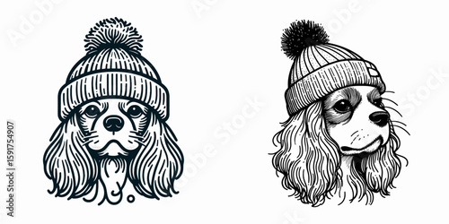 A Cavalier King Charles Spaniel Dog wear Beanie hat. Minimal Cartoon Animal Clipart Silhouette Vector Line Art Illustration. Small canine in knit head covering breed pet.