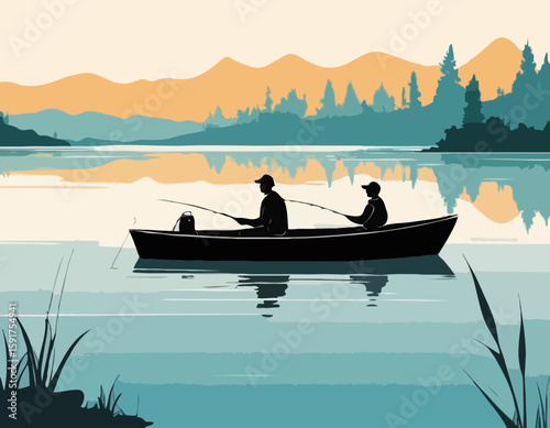 Fishing on the lake. Father and son go fishing while sitting in boat
