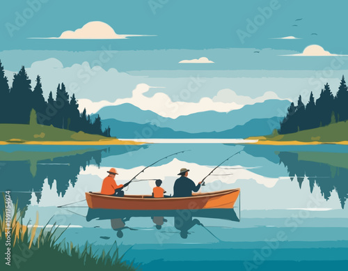 Fishing on the lake. Father and son go fishing while sitting in boat