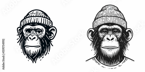A Chimpanzee wear Beanie hat. Minimal Cartoon Animal Clipart Silhouette Vector Line Art Illustration. Primate in headgear ape sporting woolen cap cool knit headwear.