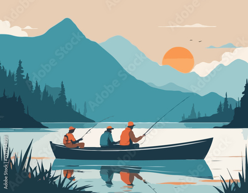Fishing on the lake. Father and son go fishing while sitting in boat