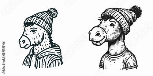 A Donkey wear Beanie hat. Minimal Cartoon Animal Clipart Silhouette Vector Line Art Illustration. Equine donning headgear burro sport knit cap mule skullcap.