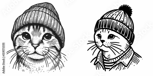 A Domestic Shorthair Cat wear Beanie hat. Minimal Cartoon Animal Clipart Silhouette Vector Line Art Illustration. Feline in headgear housecat sporting knitted head covering.