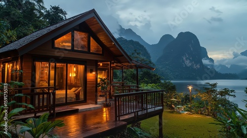 Scenic retreat house at lake thailand night view nature photography tranquil environment