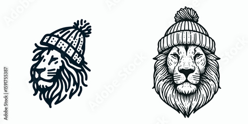 A Lion wear Beanie hat. Minimal Cartoon Animal Clipart Silhouette Vector Line Art Illustration. Big cat donning headgear cozy winter apparel in knitted head covering.