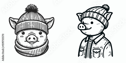 A Pig wear Beanie hat. Minimal Cartoon Animal Clipart Silhouette Vector Line Art Illustration. Cute swine in winter headgear comical domestic with wool cap.