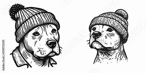 A Pittbulls Dog wear Beanie hat. Minimal Cartoon Animal Clipart Silhouette Vector Line Art Illustration. Canine in winter head covering adorable pitt bull breed enjoys warm fashion.