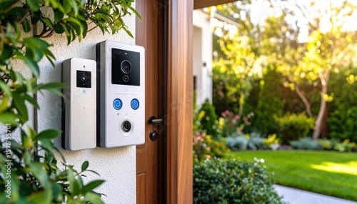 Modern doorbell and camera system on a house exterior
