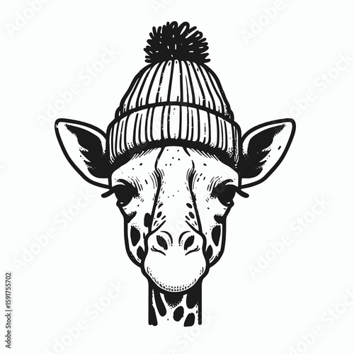 A Giraffe wear Beanie hat. Minimal Cartoon Animal Clipart Silhouette Vector Line Art Illustration. Tall mammal sporting head covering winter apparel cool knitted headwear.