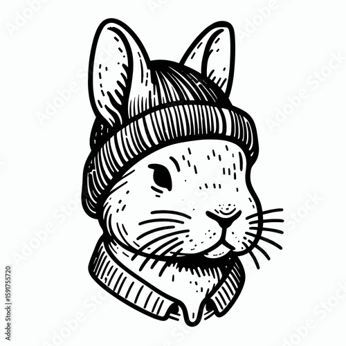 A Rabbit wear Beanie hat. Minimal Cartoon Animal Clipart Silhouette Vector Line Art Illustration. Bunny in knit head covering cute critter headgear comfy apparel.