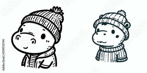 A baby hippo wear Beanie hat. Minimal Cartoon Animal Clipart Silhouette Vector Line Art Illustration. Tiny in wool head covering infant wild adorn cap.