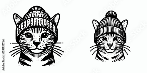 A Bengal Cat wear Beanie hat. Minimal Cartoon Animal Clipart Silhouette Vector Line Art Illustration. Exotic feline in knitted head covering domestic with headgear.