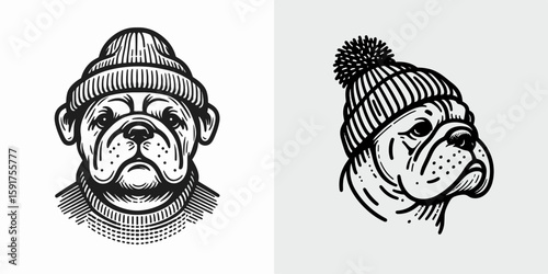 A Bulldog Dog wear Beanie hat. Minimal Cartoon Animal Clipart Silhouette Vector Line Art Illustration. Canine in knit headgear short coat breed with cap adorable friend.
