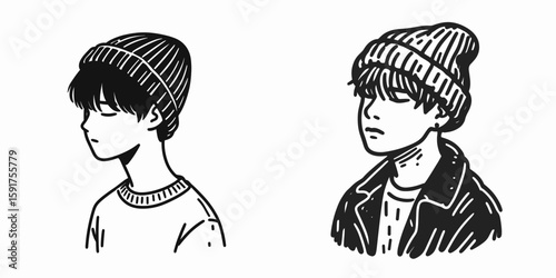 A black boy wear Beanie hat. Minimal Cartoon Animal Clipart Silhouette Vector Line Art Illustration. African american child in headgear warm knit cap apparel for young male.