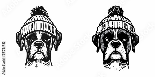A Boxer Dog wear Beanie hat. Minimal Cartoon Animal Clipart Silhouette Vector Line Art Illustration. Canine in knitted head covering breed warm headgear.