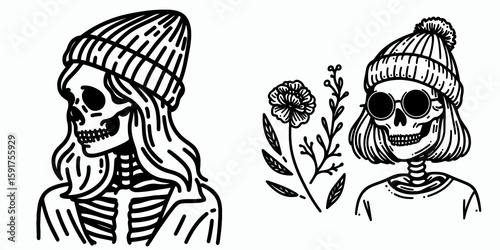A female skeleton wear Beanie hat. Minimal Cartoon Animal Clipart Silhouette Vector Line Art Illustration. Lady bone figure with skullcap cool headwear garment for fall celebration.