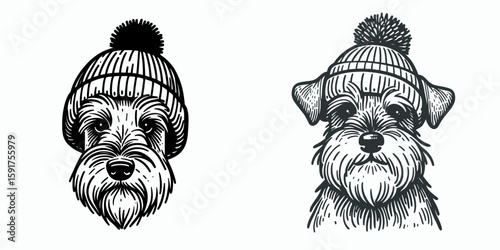 A Miniature Schnauzer Dog wear Beanie hat. Minimal Cartoon Animal Clipart Silhouette Vector Line Art Illustration. Small canine with winter cap cool pet in knitted headgear.