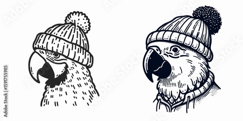 A Parrot wear Beanie hat. Minimal Cartoon Animal Clipart Silhouette Vector Line Art Illustration. Avian pet with knit head covering cute bird in warm winter cap.