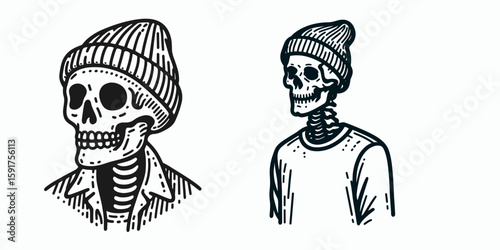 A skeleton wear Beanie hat. Minimal Cartoon Animal Clipart Silhouette Vector Line Art Illustration. Skull in knitted head covering winter apparel autumn celebration costume idea.