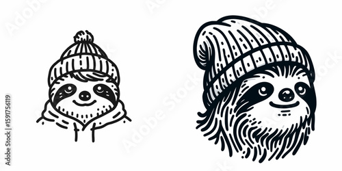 A Sloth wear Beanie hat. Minimal Cartoon Animal Clipart Silhouette Vector Line Art Illustration. Slow mammal donning head covering knit cap winter apparel accessory.