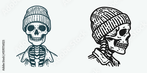 A skeleton wear Beanie hat. Minimal Cartoon Animal Clipart Silhouette Vector Line Art Illustration. Bony figure don knit headgear bone man in skullcap mortal coil cozy cap.