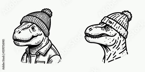 A T rex wear Beanie hat. Minimal Cartoon Animal Clipart Silhouette Vector Line Art Illustration. Big dino don knitted head covering headwear predator cold weather apparel.