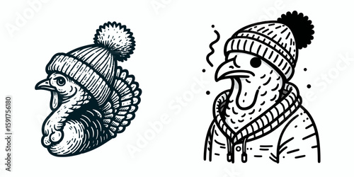 A Turkey wear Beanie hat. Minimal Cartoon Animal Clipart Silhouette Vector Line Art Illustration. Fowl in knit head covering funny bird with winter apparel.