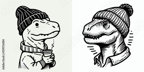 A T rex wear Beanie hat. Minimal Cartoon Animal Clipart Silhouette Vector Line Art Illustration. Giant lizard donning winter headgear knit covering.