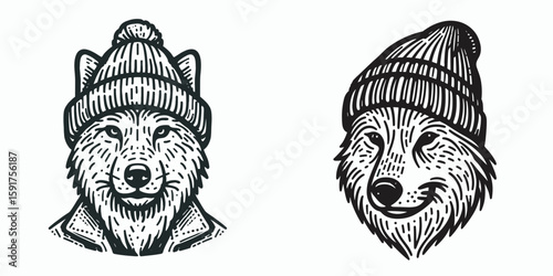 A Wolf wear Beanie hat. Minimal Cartoon Animal Clipart Silhouette Vector Line Art Illustration. Canine in headgear wild dog with knitted cap furry creature apparel.