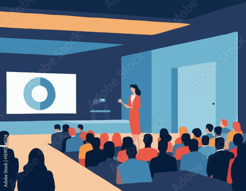 Conference or scientific seminar. Woman performing on stage in front of an audience in the hall. Business lecture, event