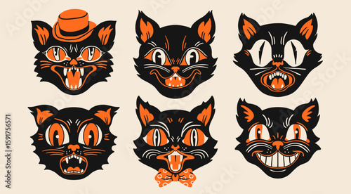 Various Cat portraits. Different faces, emotions. Retro, vintage, traditional tattoo style. Hand drawn trendy Vector illustration. Isolated design elements. Print, sticker, logo, avatar templates