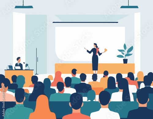 Conference or scientific seminar. Woman performing on stage in front of an audience in the hall. Business lecture, event