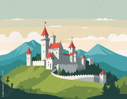 Great Medieval Castle On The Hill Landscape