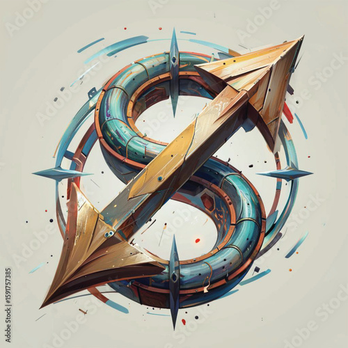 Abstract golden arrow entwined with a blue loop in vibrant colors  