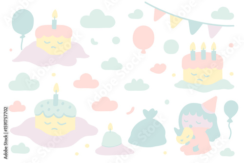 A whimsical pastel background features sad-faced birthday cakes, floating clouds, balloons, and a child holding a unicorn, evoking a dreamy, melancholic celebration.