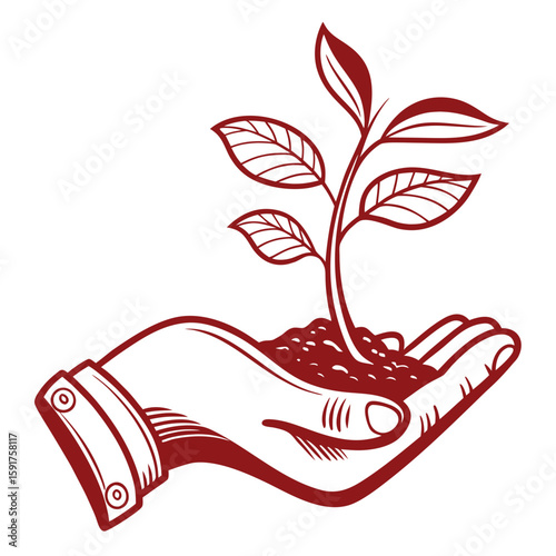 Vector illustration of a hand nurturing a growing plant symbolizing care for the environment