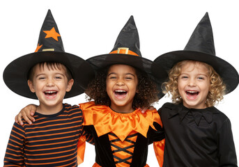 Three happy children in witch hats and halloween costumes smiling and laughing together isolated on transparent background