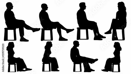 Sitting Human Silhouettes on Chairs and Benches – Vector People Poses