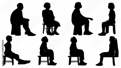 Sitting Human Silhouettes on Chairs and Benches – Vector People Poses
