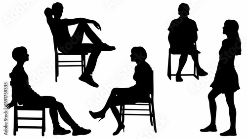 Sitting Human Silhouettes on Chairs and Benches – Vector People Poses