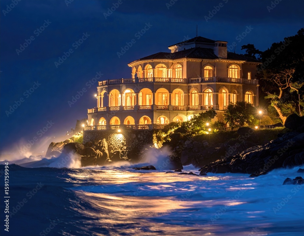 Fototapeta premium Luxurious seaside mansion at night (1)