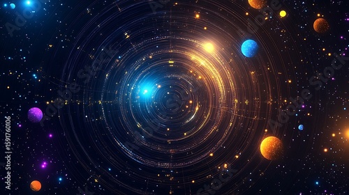 Abstract Space Artwork Featuring Colorful Planets and Concentric Light Rings